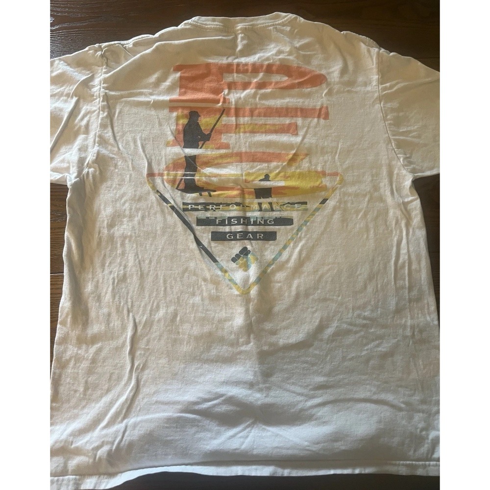 Columbia PFG Shirt Mens Large White Graphic Tee Performance Fising Gear Spellout
